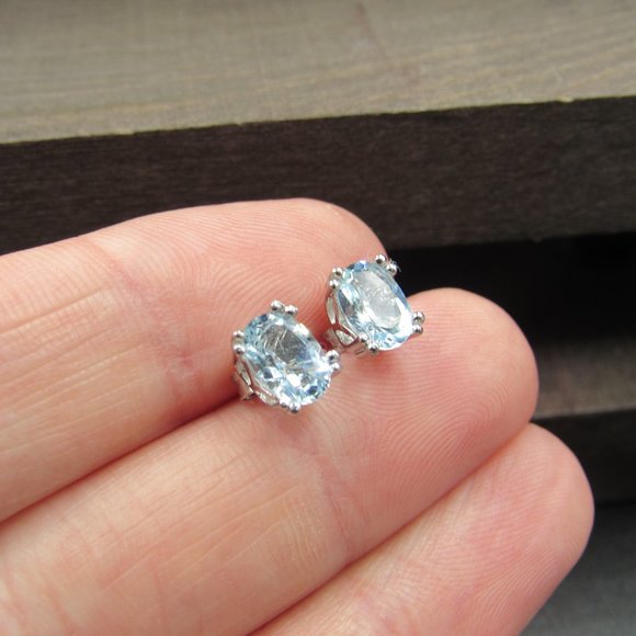 Sterling Ornate Oval Blue Topaz Stud Earrings - Picture 3 of 7